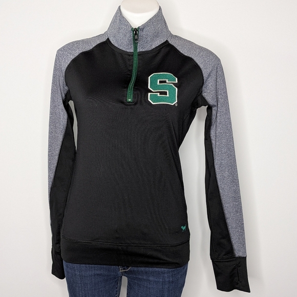 PINK Victoria's Secret Black Grey Green MSU Michigan State 1/4 Zip Pullover M - Picture 1 of 7